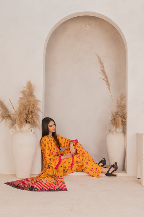 KHDR Mustard Prints 3 pc Stitched