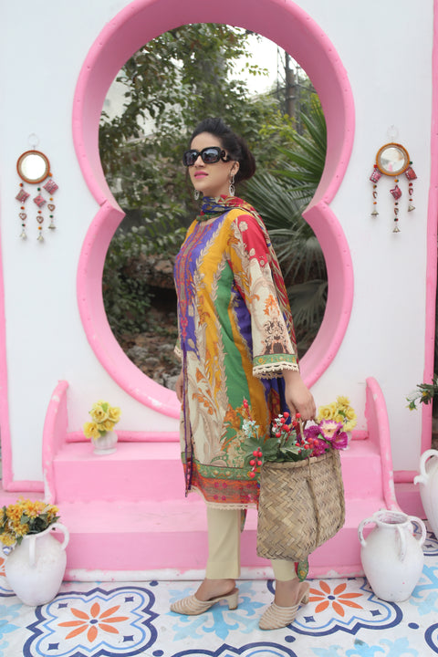 Printed embroidered 3 pc