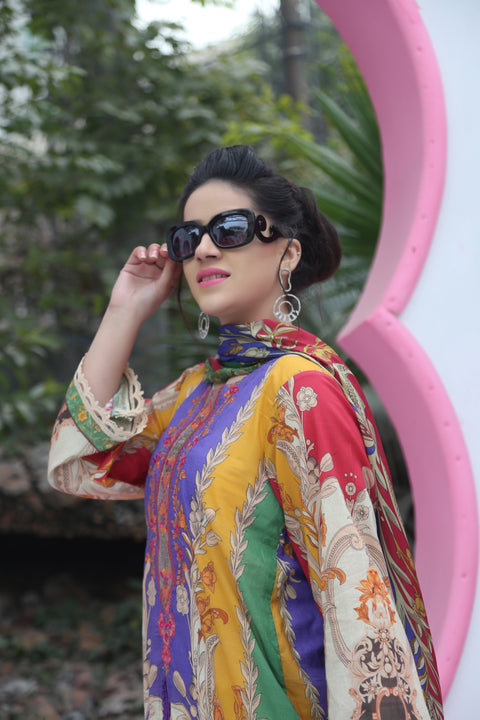 Printed embroidered 3 pc