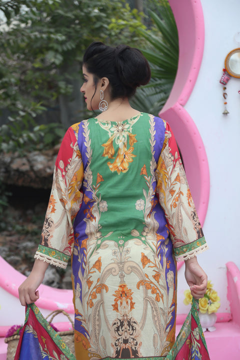 Printed embroidered 3 pc