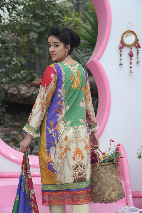 Printed embroidered 3 pc