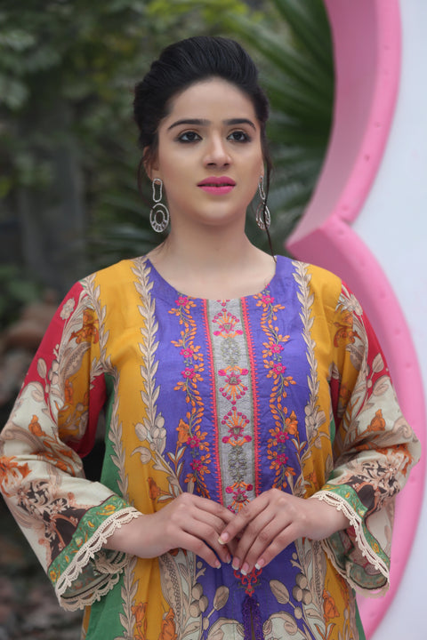 Printed embroidered 3 pc