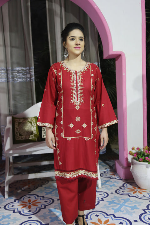 Red 2pc embroidered