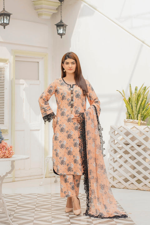 Lawn 3pc Print Unstitched  Peach Base(P-000204)