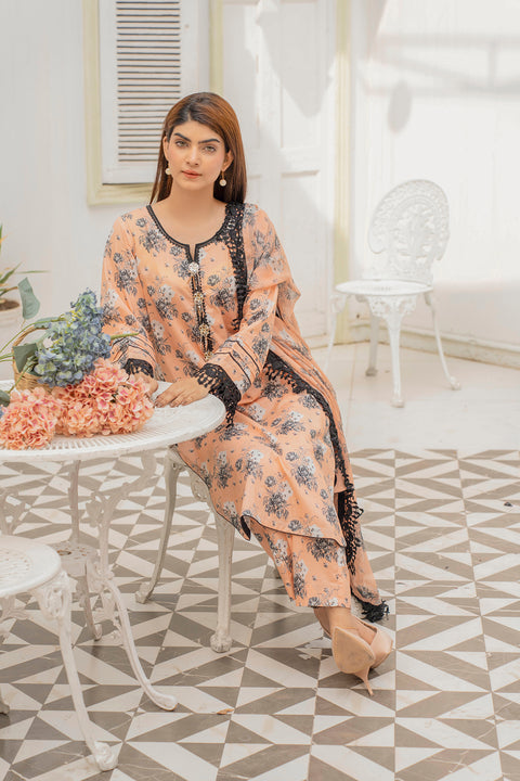 Lawn 3pc Print Unstitched  Peach Base(P-000204)