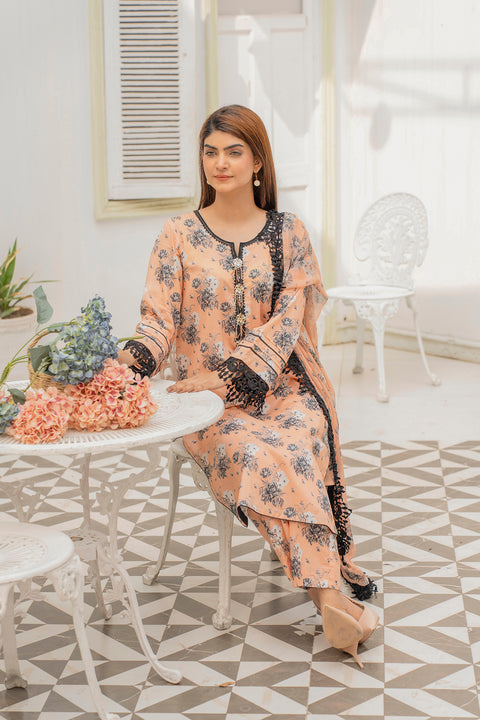 Lawn 3pc Print Unstitched  Peach Base(P-000204)