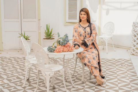 Lawn 3pc Print Unstitched  Peach Base(P-000204)