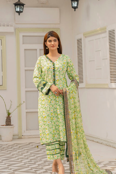 Lawn 3pc Print Unstitched  L/Green Base(P-000203)