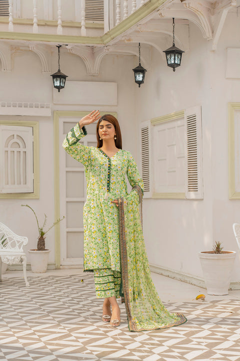Lawn 3pc Print Unstitched  L/Green Base(P-000203)