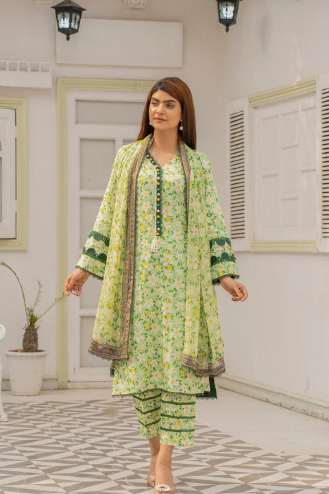 Lawn 3pc Print Unstitched  L/Green Base(P-000203)