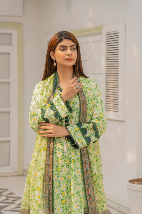 Lawn 3pc Print Unstitched  L/Green Base(P-000203)