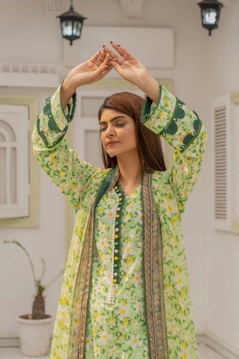 Lawn 3pc Print Unstitched  L/Green Base(P-000203)