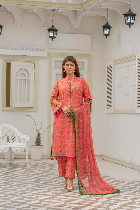 Lawn 3pc Print Unstitched  pink Base (P-000202)