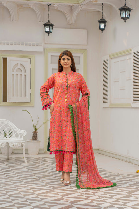 Lawn 3pc Print Unstitched  pink Base (P-000202)