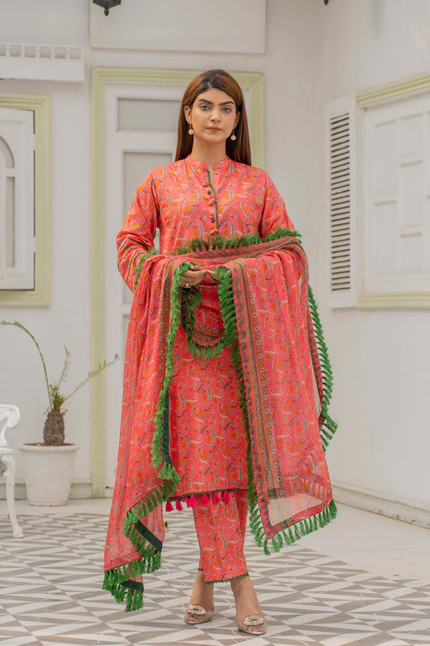 Lawn 3pc Print Unstitched  pink Base (P-000202)